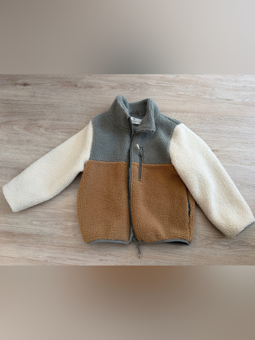 H&M Teddy Kids Colorblock Sherpa Jacket - Cream, Gray & Brown